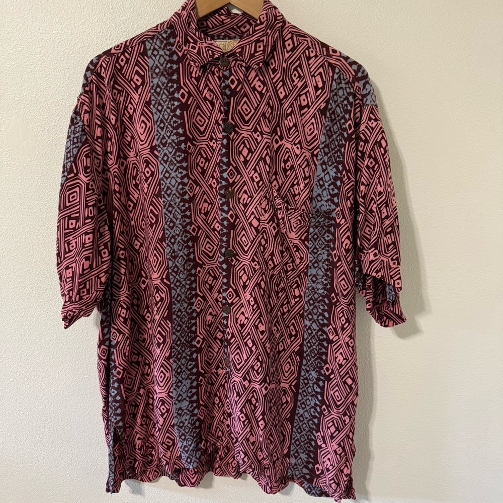 Vintage Noa Noa Hawaiian Aloha Shirt Pink Purple Geometric Print Short Sleeve-M